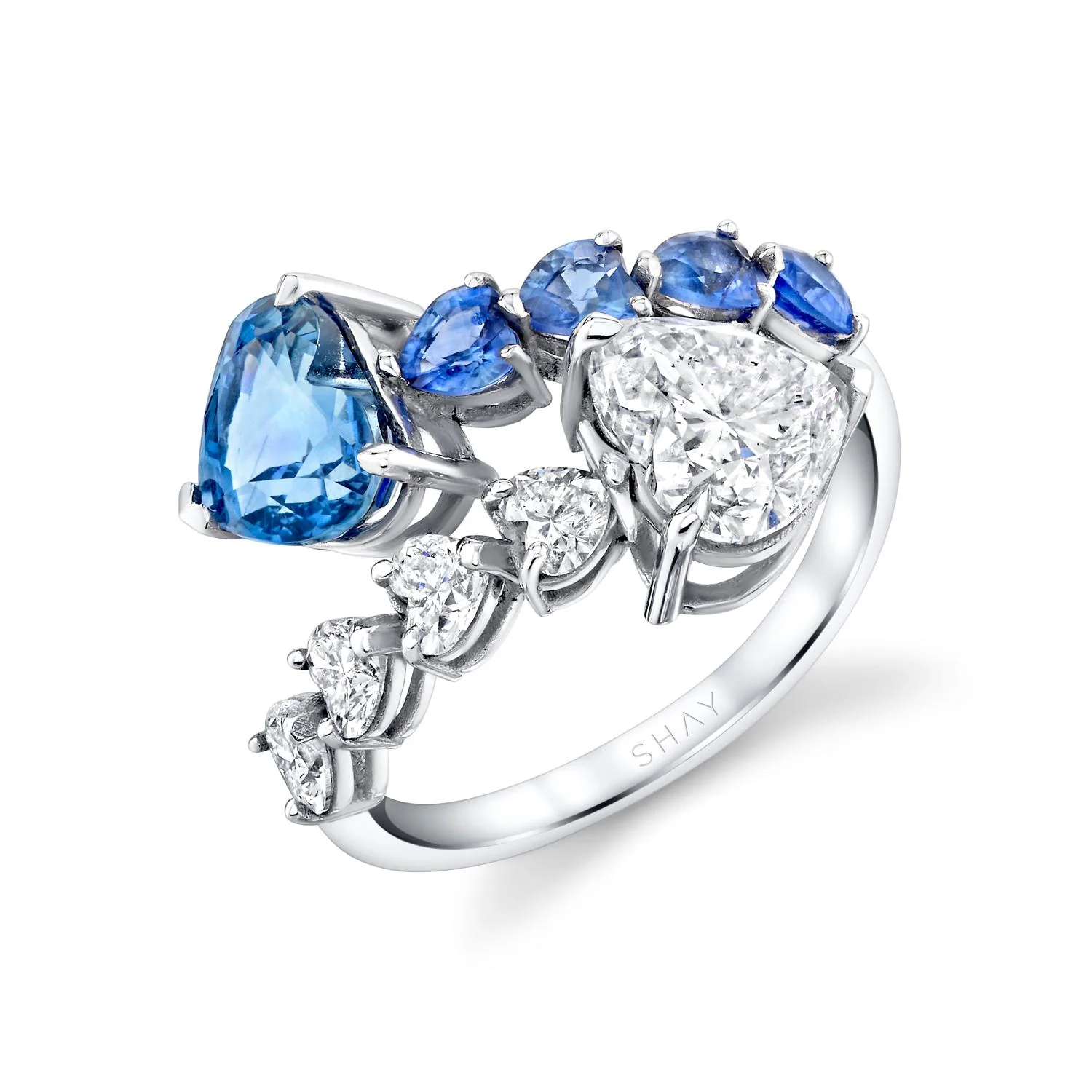 CEYLON BLUE SAPPHIRE & DIAMOND & HEART BYPASS RING - Image 3