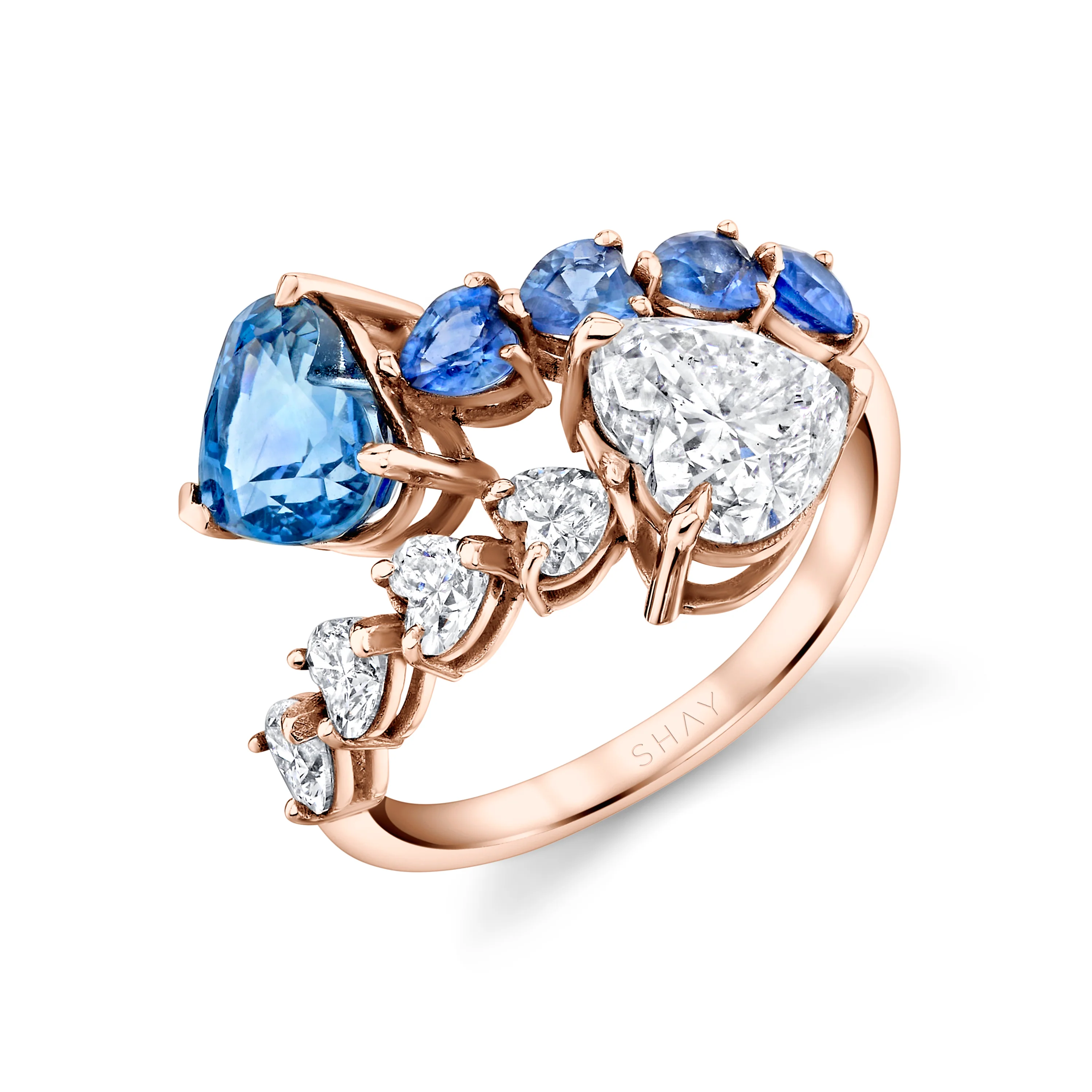 CEYLON BLUE SAPPHIRE & DIAMOND & HEART BYPASS RING - Image 5