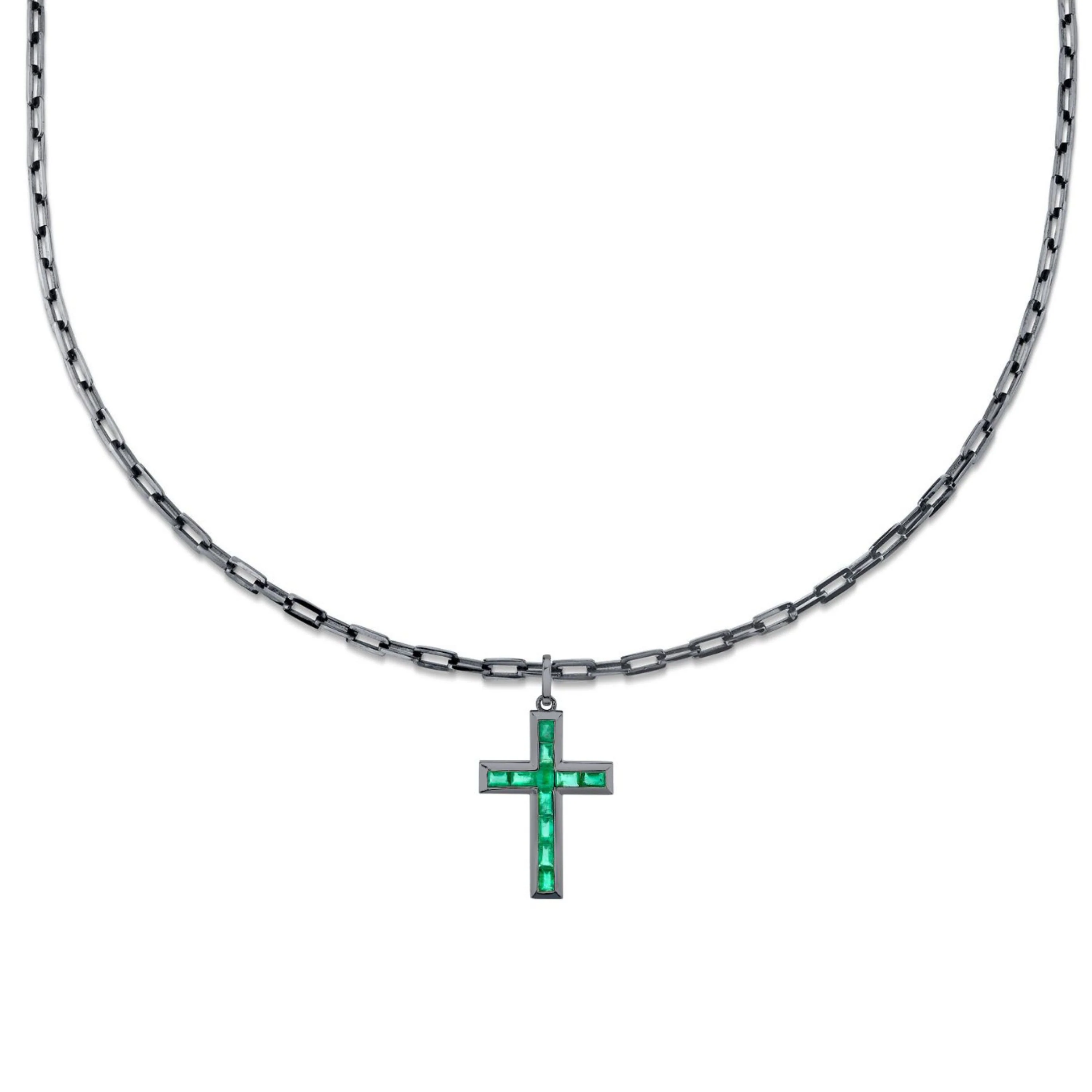 EMERALD BAGUETTE CROSS NECKLACE - Image 5