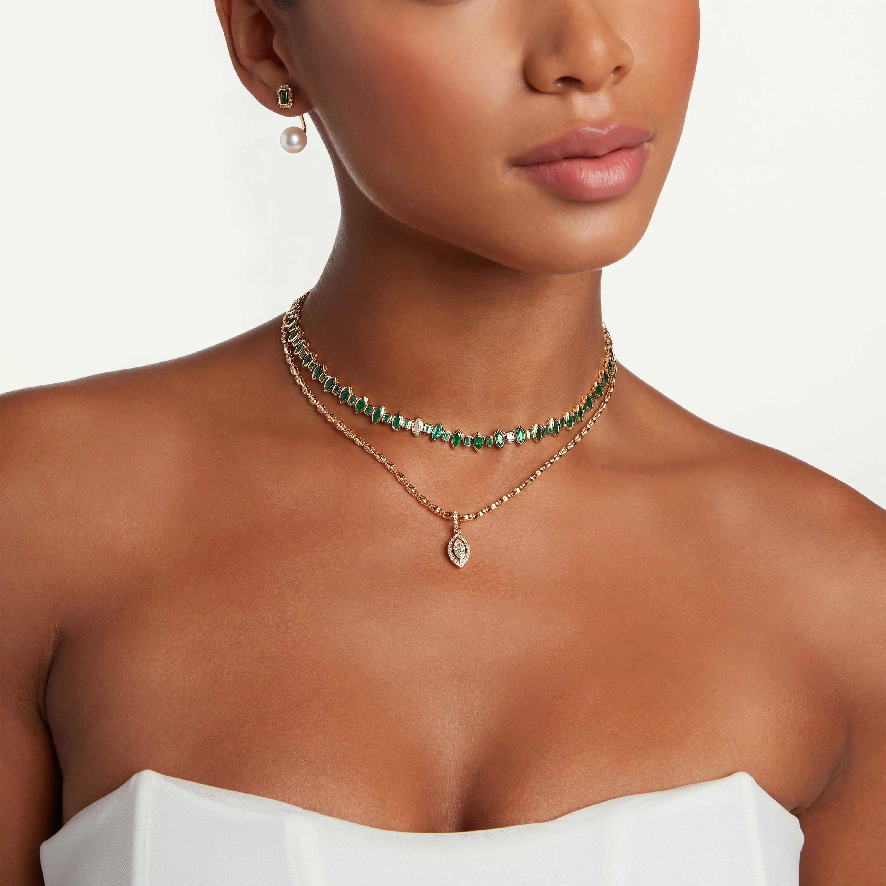 EMERALD & DIAMOND HALO MARQUISE CLIP NECKLACE - Image 2