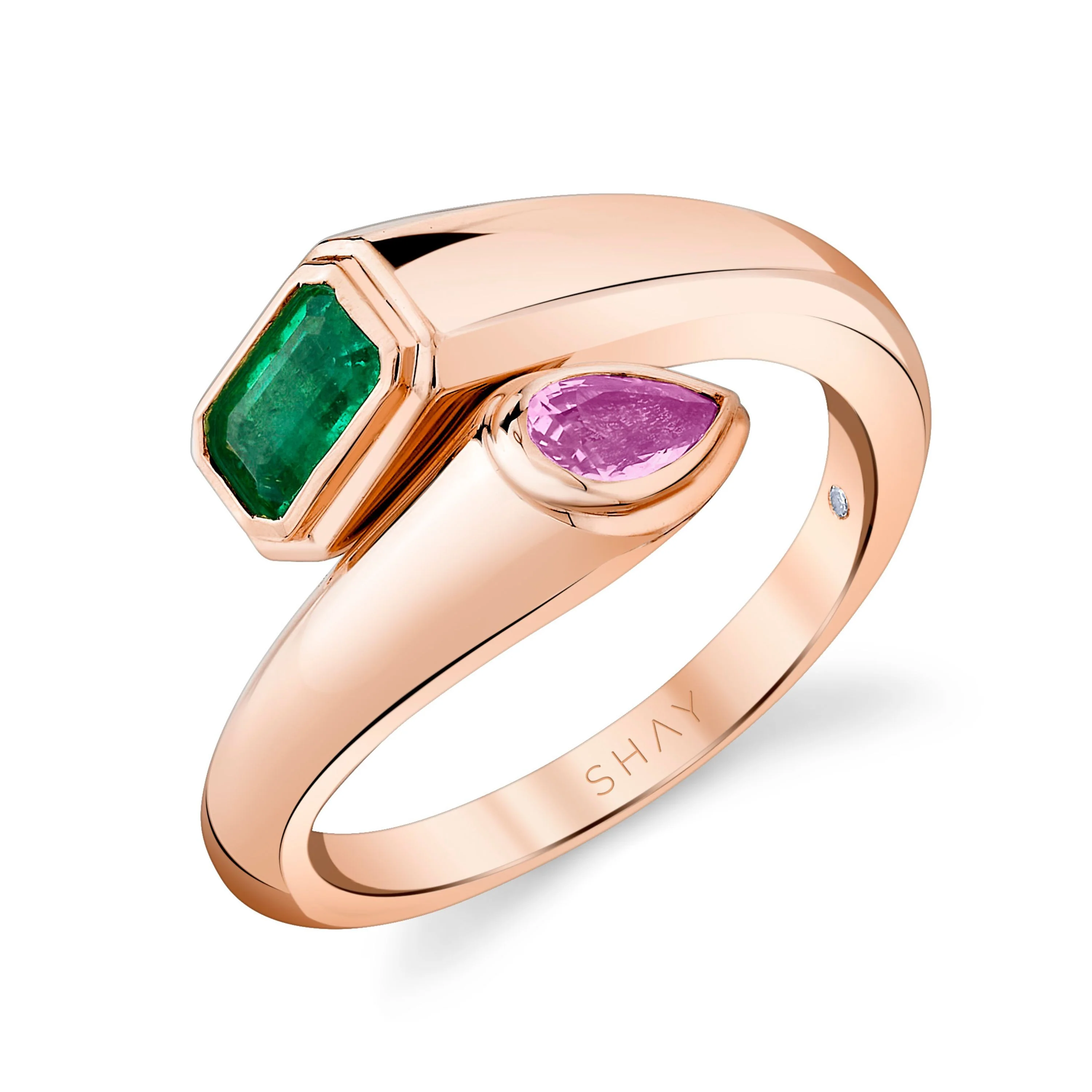 EMERALD & PINK SAPPHIRE BYPASS PINKY RING