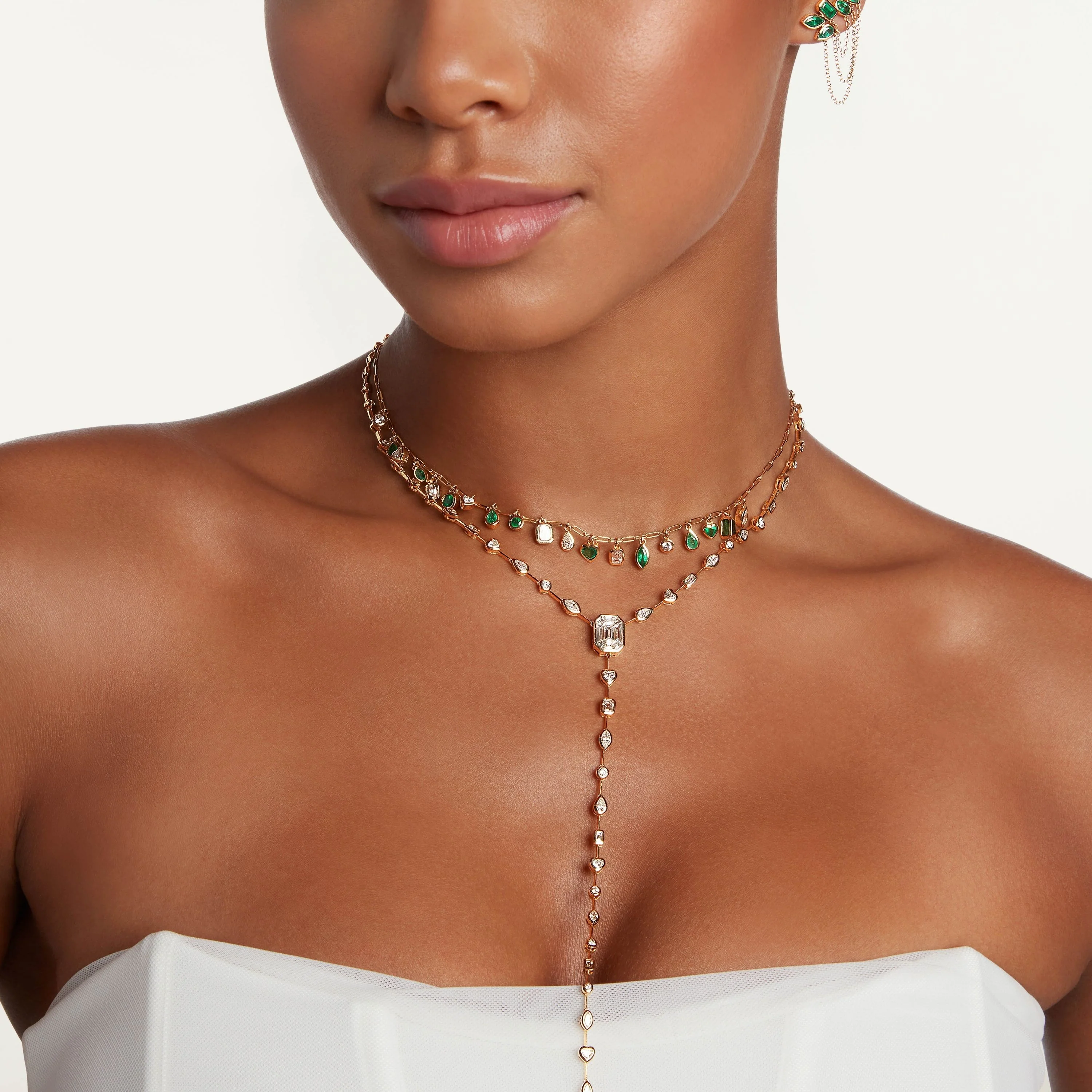 READY TO SHIP EMERALD & DIAMOND MIXED DROP NECKLACE - Image 3
