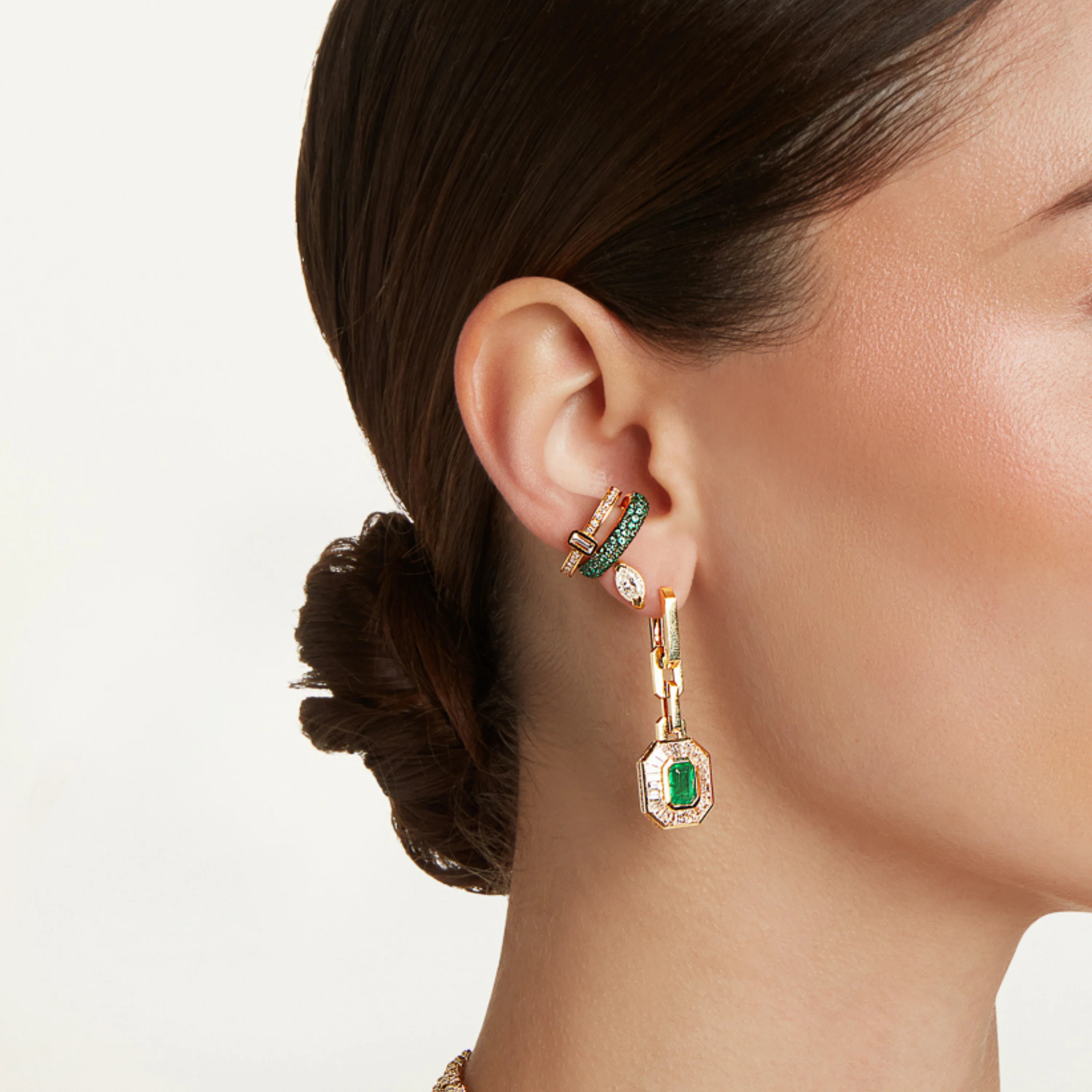 READY TO SHIP EMERALD & DIAMOND HALO DROP EARRINGS - Image 2