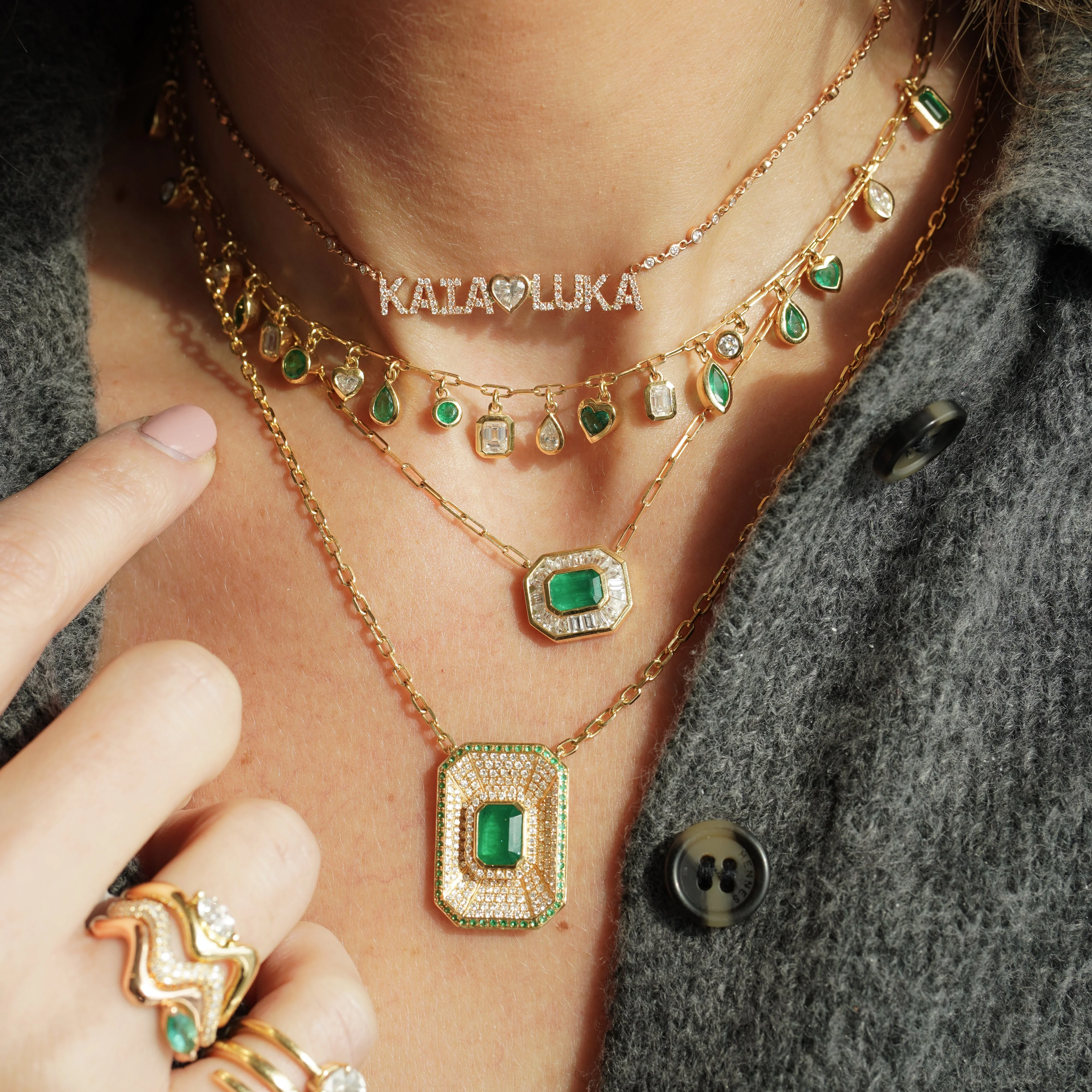 READY TO SHIP EMERALD & DIAMOND HALO NECKLACE - Image 4