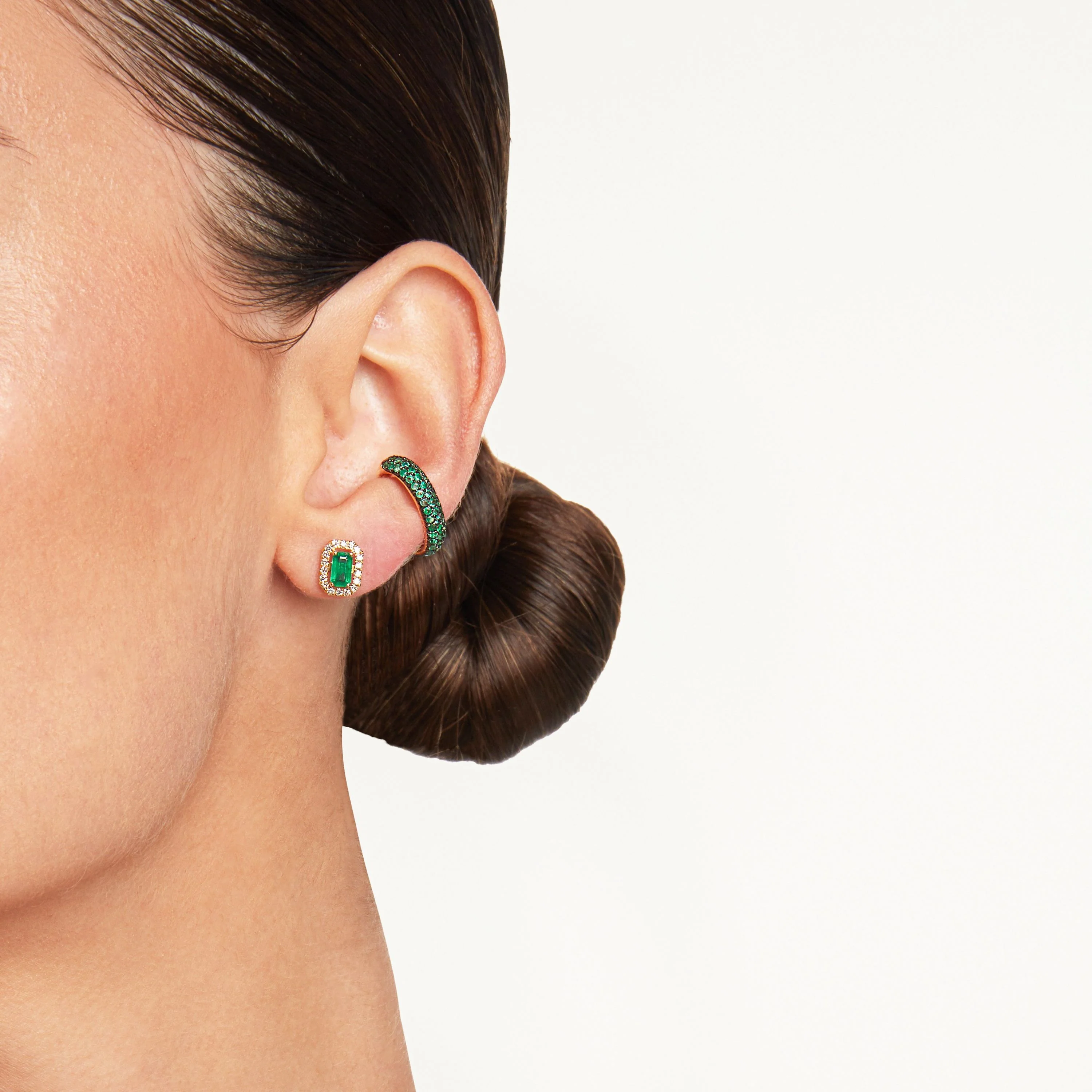 READY TO SHIP MINI ME DIAMOND HALO EMERALD STUDS - Image 2