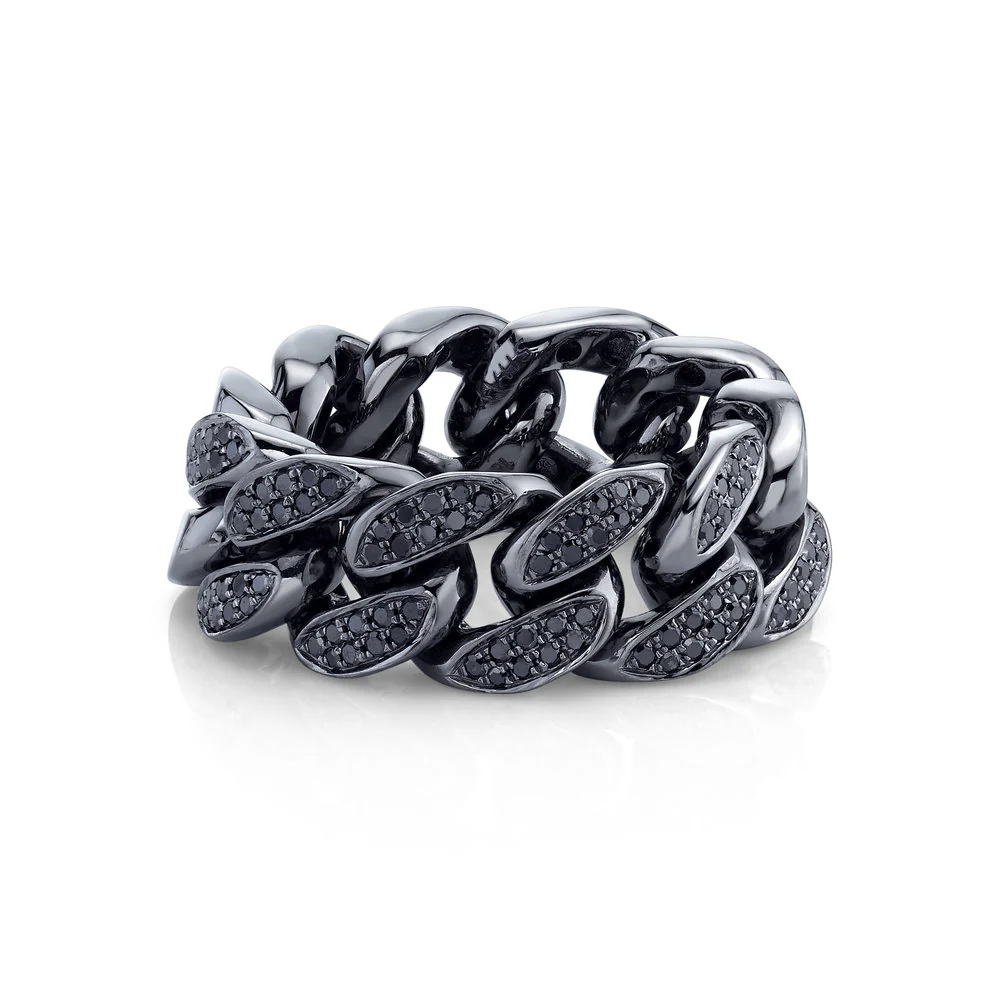 READY TO SHIP MEN'S PARTIAL PAVE BLACK DIAMOND FLAT LINK RING - Image 3
