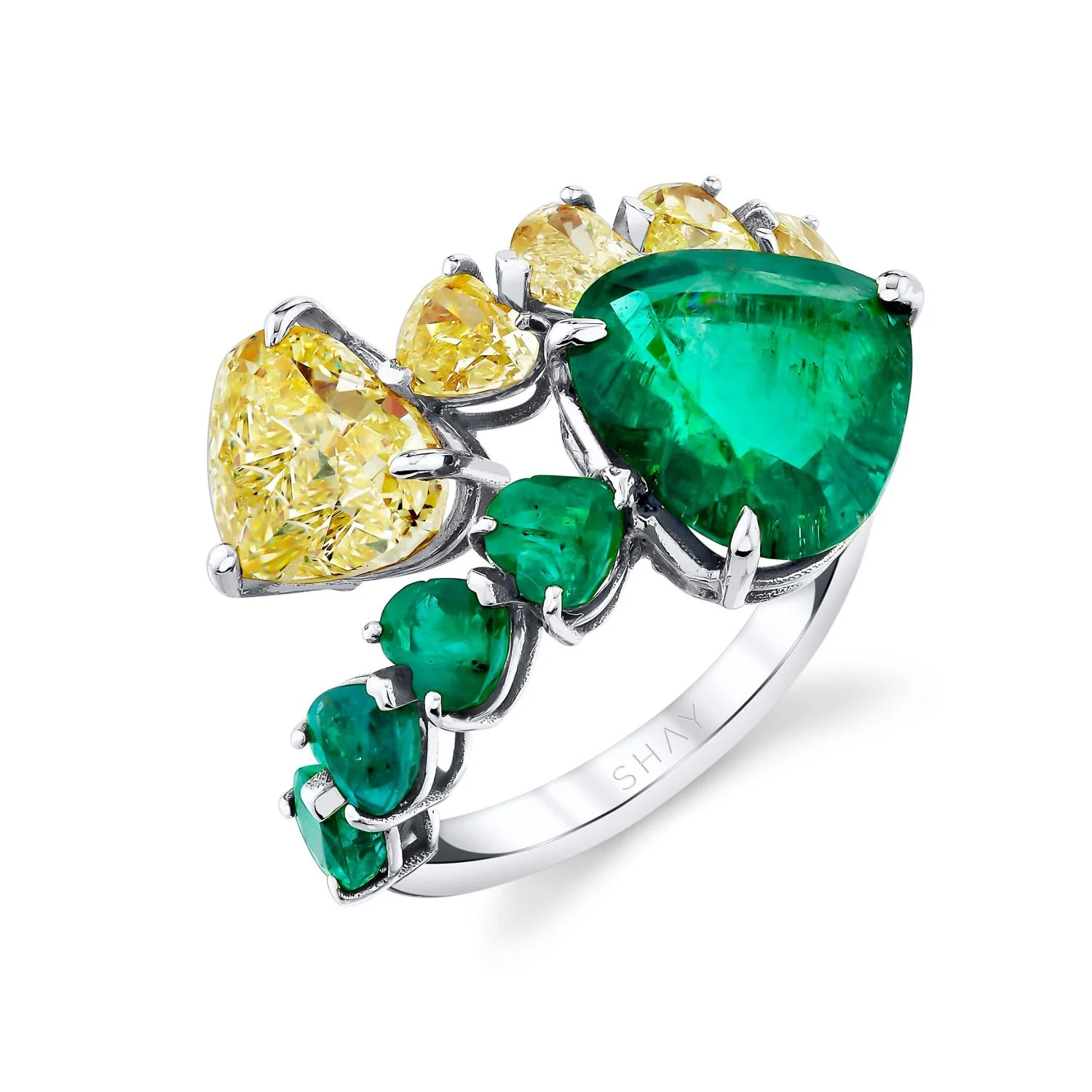 YELLOW DIAMOND & EMERALD HEART BYPASS RING - Image 6